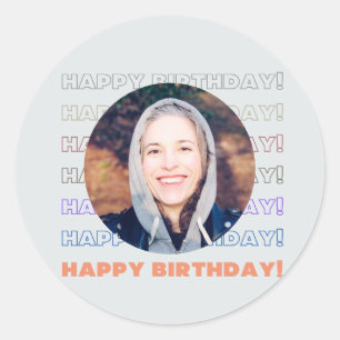 Simple Colorful Happy Birthday Custom Add Photo  Classic Round Sticker