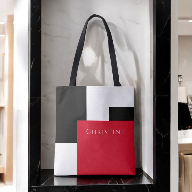 Simple Colour Block Red White and Black with Name Tote Bag (Personalize this custom tote with your name.)