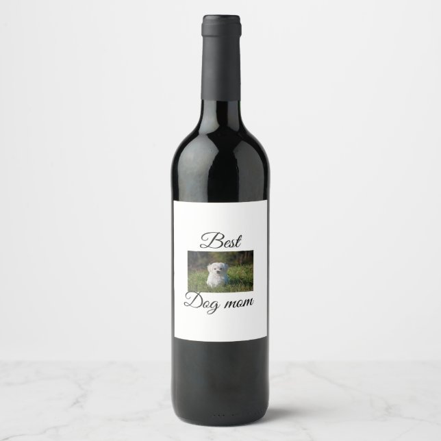Simple colourful animal add name photo dog mum gif wine label (Front)