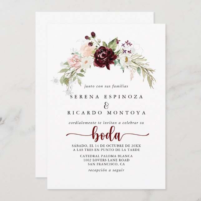 Simple Colourful Classic Floral Spanish Wedding  Invitation (Front/Back)