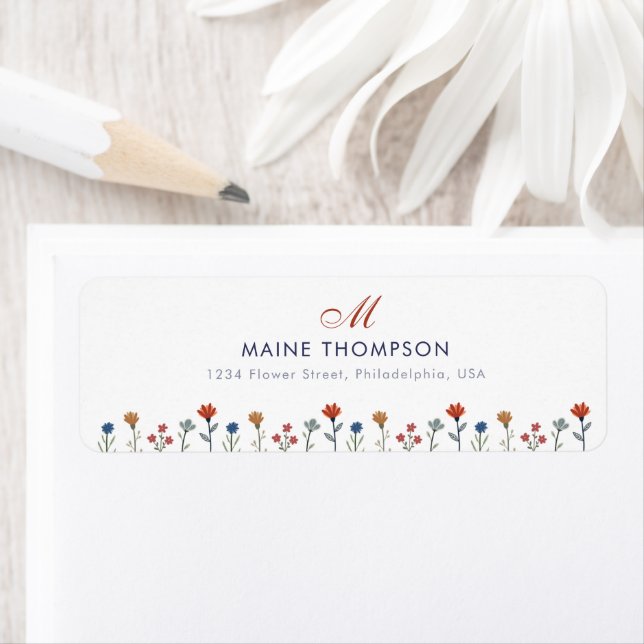 Simple Colourful Flowers Script Monogram Name Return Address Label (Insitu)