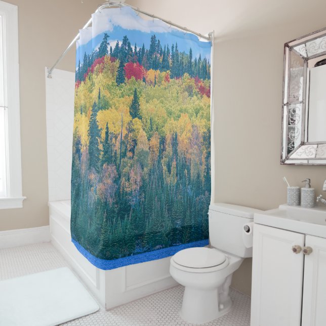 Simple Colourful Forest Trees Acrylic Artwork | Shower Curtain (In Situ)