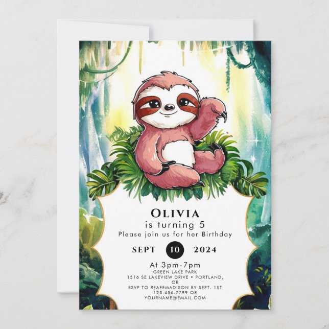 Simple Colourful Sloth Birthday Invitation (Front)