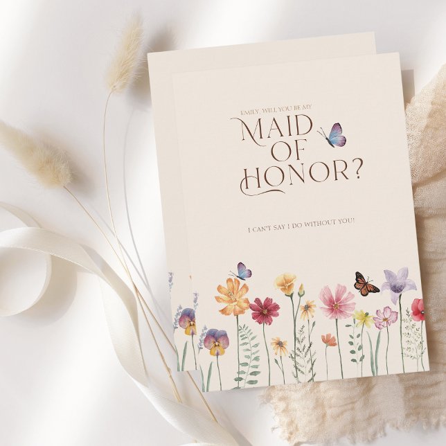 Simple Colourful Wildflower Be My Maid of Honour Invitation (Simple Colorful Wildflower Floral Wedding Maid of Honor Card)