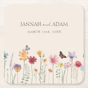 Simple Colourful Wildflower Floral Wedding Square Paper Coaster