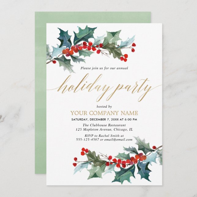 Simple company holiday party greenery red gold invitation (Front/Back)