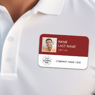 Simple Company Logo Burgundy Employee Photo Name Tag