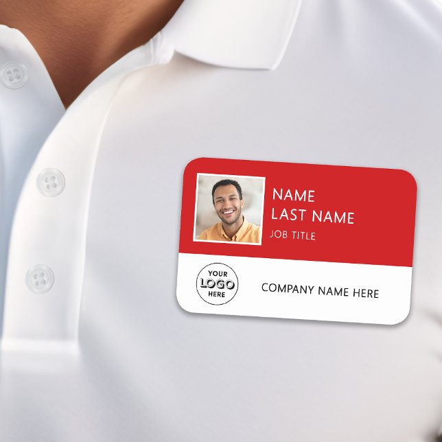 Simple Company Logo Red Employee Photo Name Tag (Creator Uploaded)