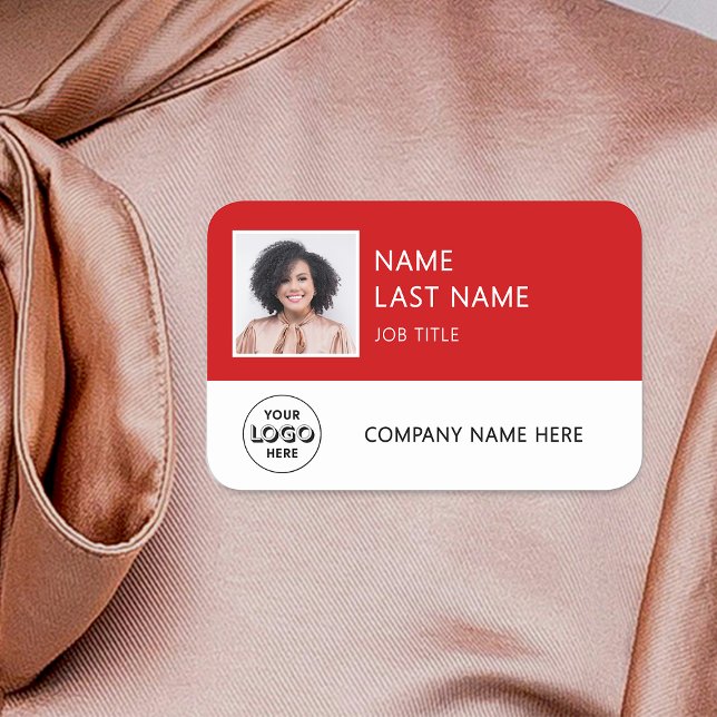 Simple Company Logo Red Employee Photo Name Tag (Creator Uploaded)