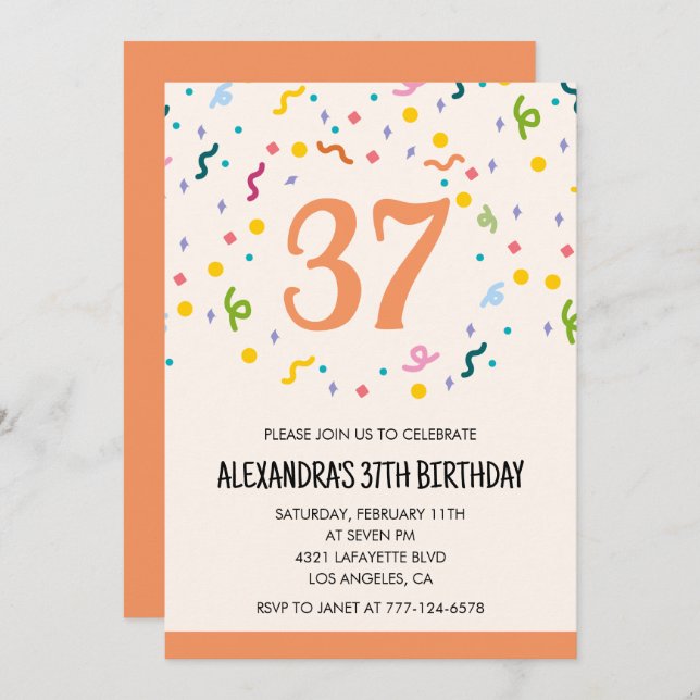 Simple Confetti 37th birthday invitations Modern (Front/Back)