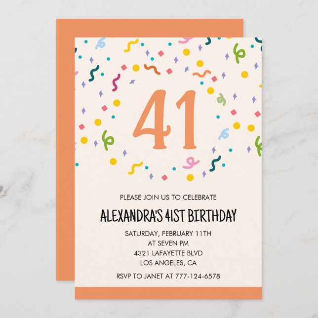 Simple Confetti 41st birthday invitations Modern (Front/Back)