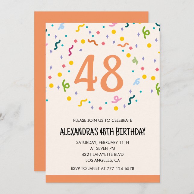 Simple Confetti 48th birthday invitations Modern (Front/Back)