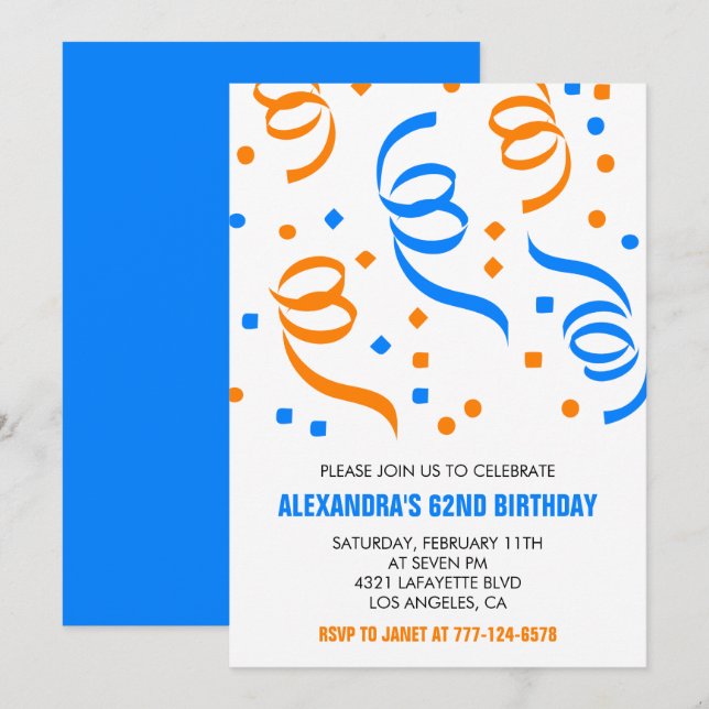 Simple Confetti 62nd birthday invitations  Blue (Front/Back)