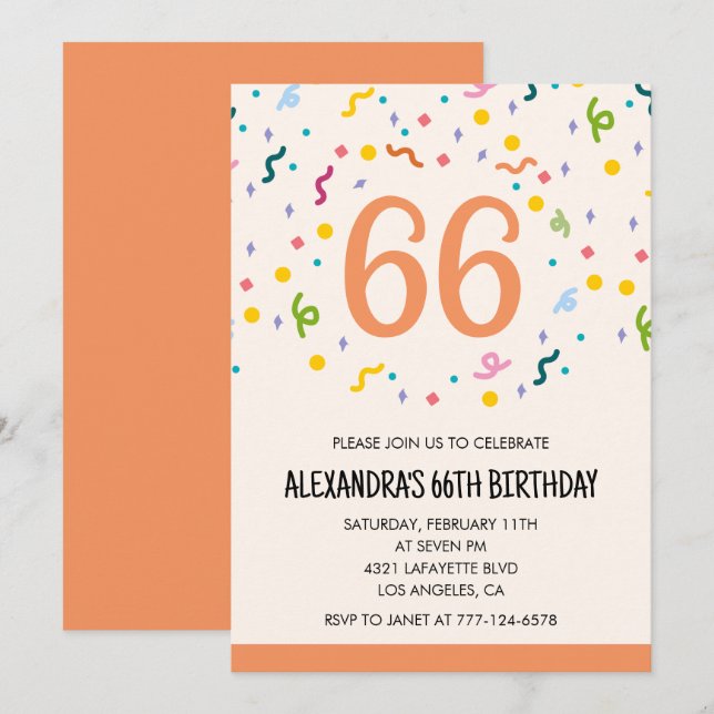 Simple Confetti 66th birthday invitations Modern (Front/Back)
