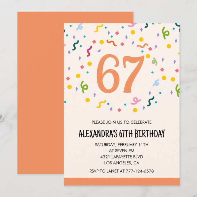 Simple Confetti 67th birthday invitations Modern (Front/Back)