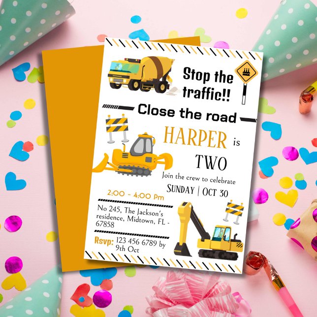 Simple construction truck kids cute 2nd birthday invitation (Creator Uploaded)