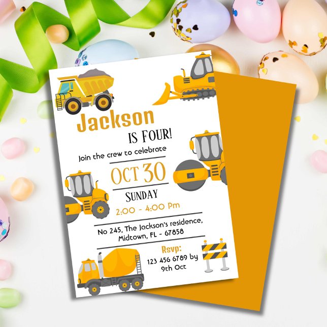 Simple construction truck kids cute 4th birthday   invitation (Creator Uploaded)