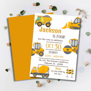 Simple construction truck kids cute 4th birthday invitation