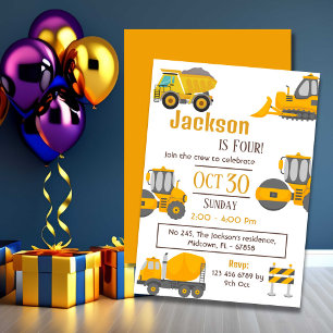 Simple construction truck kids cute 4th birthday invitation