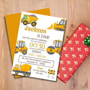 Simple construction truck kids cute 4th birthday invitation