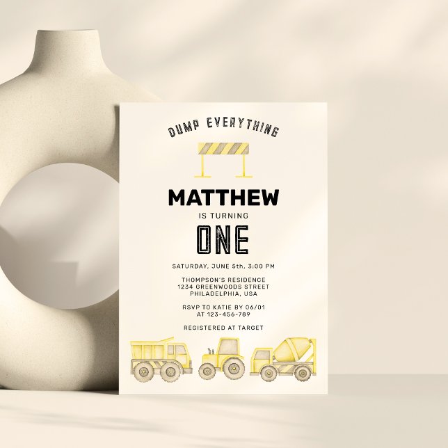 Simple Construction Vehicles First Birthday Invitation (Creator Uploaded)