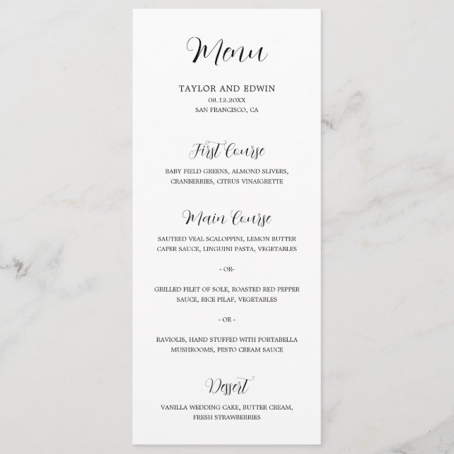 Simple Contemporary Black and White Modern Wedding Menu (Front)