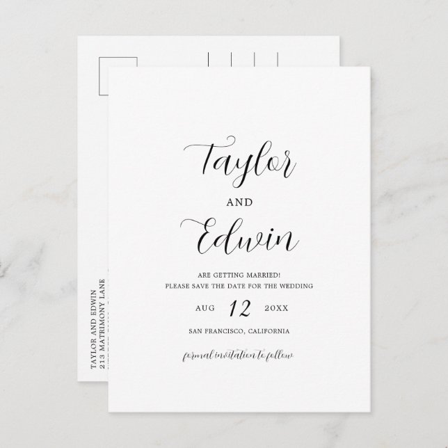 Simple Contemporary Modern Wedding Save The Date Announcement Postcard (Front/Back)