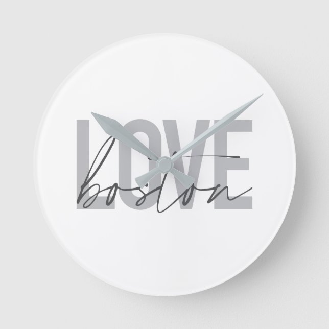 Simple, cool, modern, urban design of Love Boston Round Clock (Front)