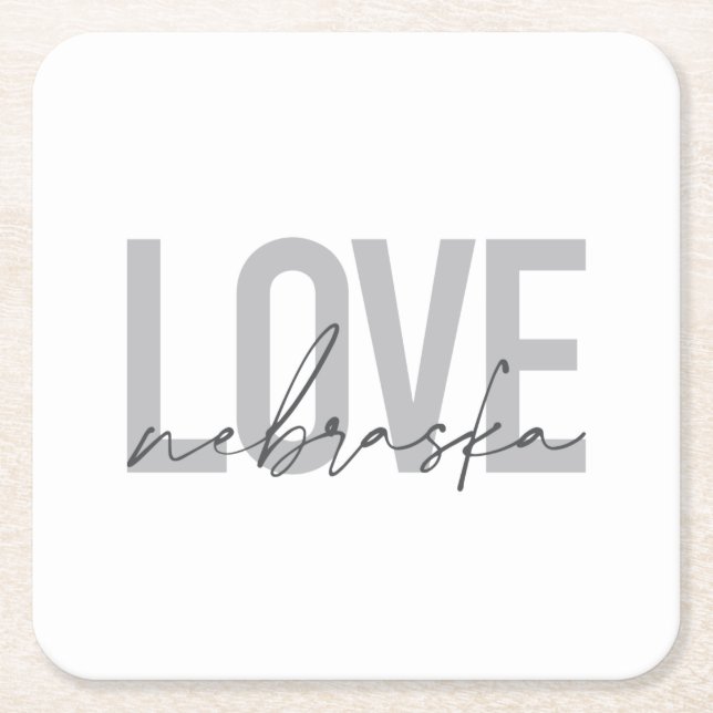 Simple, cool, urban modern design of Love Nebraska Square Paper Coaster (Front)