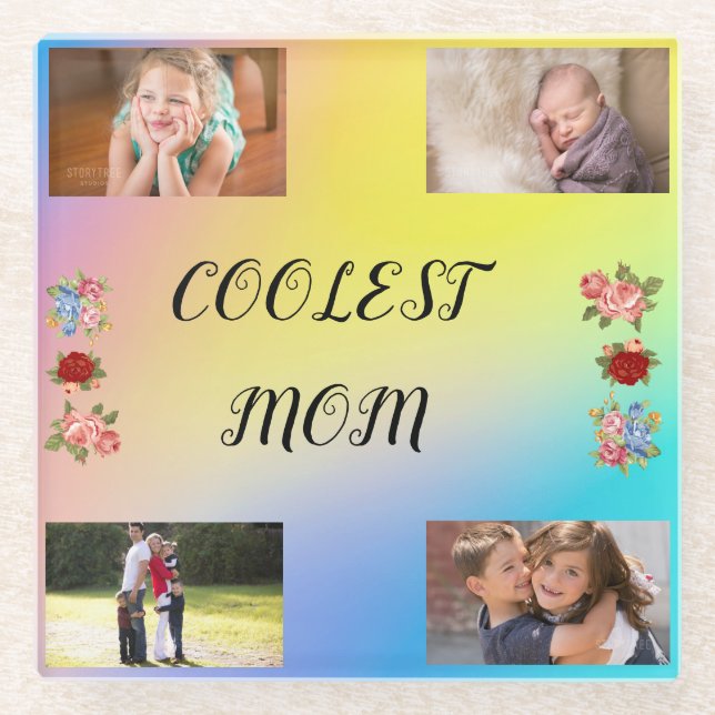 Simple Coolest Mum 4 photos Blue Pink Yellow  Glass Coaster (Front)