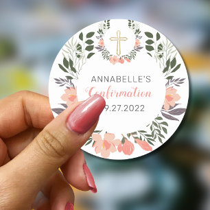 Simple  Coral Floral Confirmation  Classic Round Sticker
