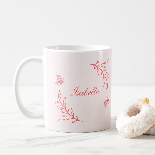 simple coral pink botanical  coffee mug (With Donut)