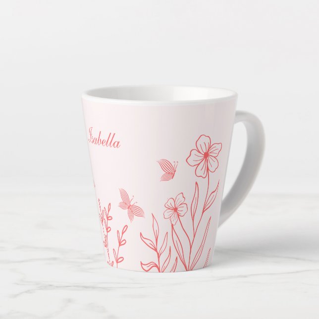 simple coral pink botanical  latte mug (Right Angle)