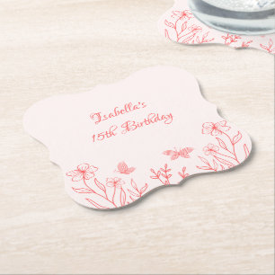 simple coral pink botanical wedding paper coaster