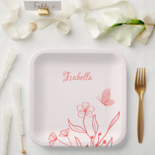simple coral pink botanical wedding paper plate