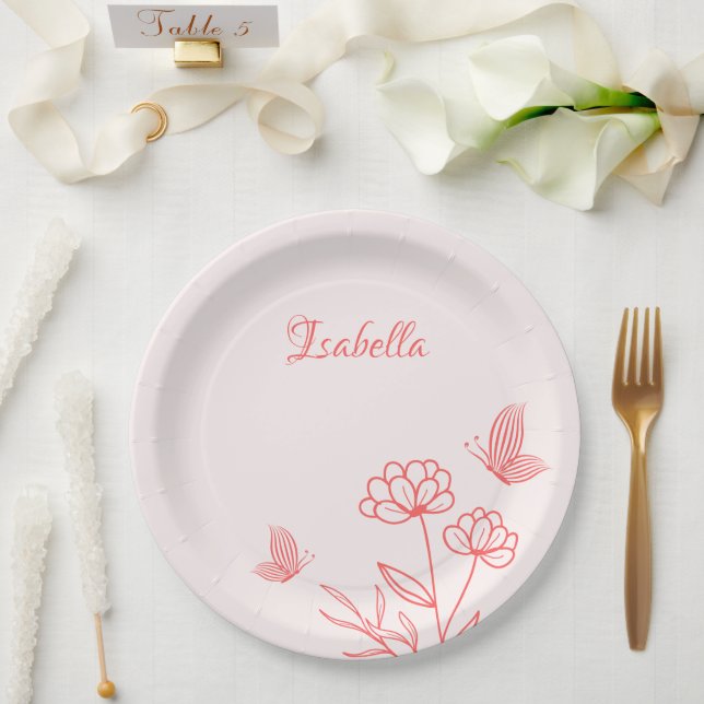 simple coral pink botanical wedding paper plate (Wedding)
