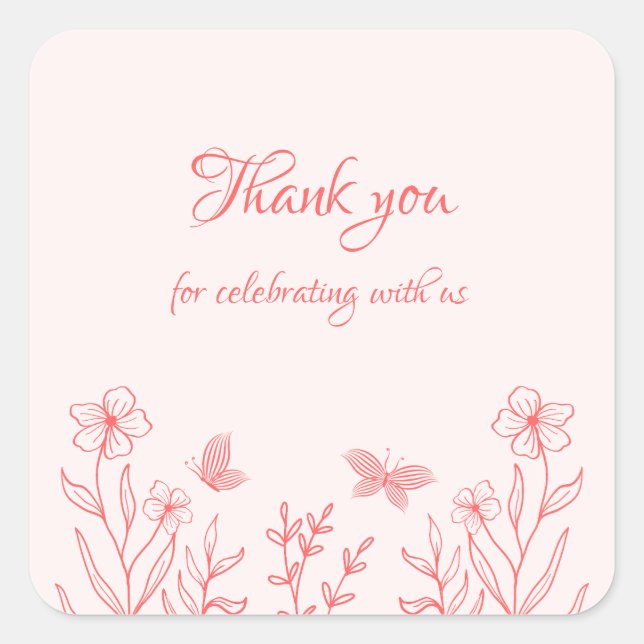 simple coral pink botanical wedding square sticker (Front)