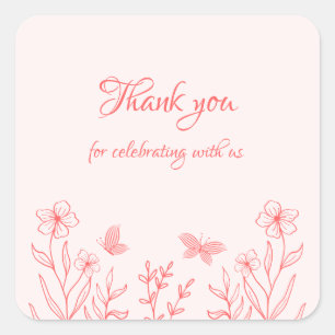 simple coral pink botanical wedding square sticker