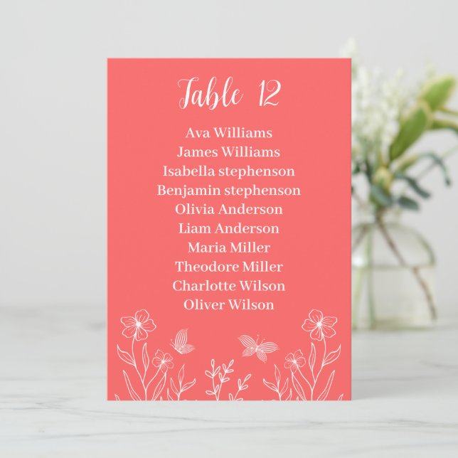 Simple coral pink floral seating chart card (Standing Front)