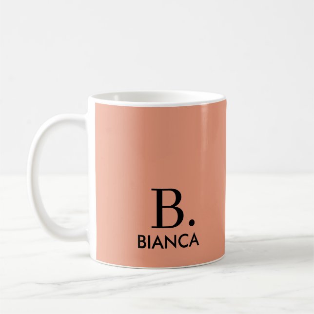 Simple coral pink minimalist monogram coffee mug (Left)