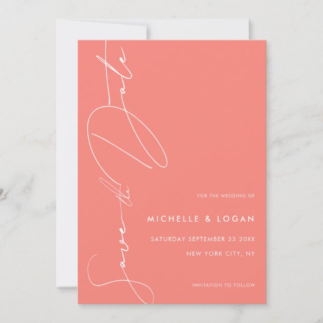 Simple Coral Pink Modern Handwritten Script Save The Date (Front)