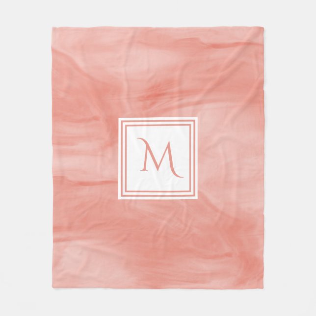Simple Coral Pink Subtle Marble Modern Monogram Fleece Blanket (Front)