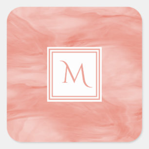 Simple Coral Pink Subtle Marble Modern Monogram Square Sticker