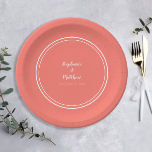 Simple Coral White Modern Bride & Groom Wedding Paper Plate