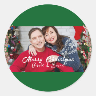 Simple Couple Christmas Frame Photo Green Classic Round Sticker