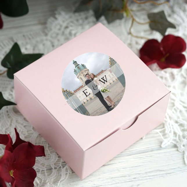 Simple Couple Monogram Initials Photo Wedding Classic Round Sticker (Creator Uploaded)