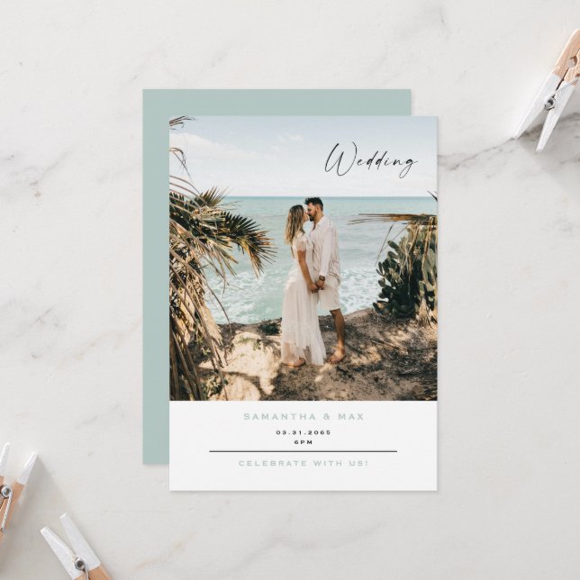 Simple Couple Photo Seafoam Contemporary Wedding   Invitation (Front/Back In Situ)