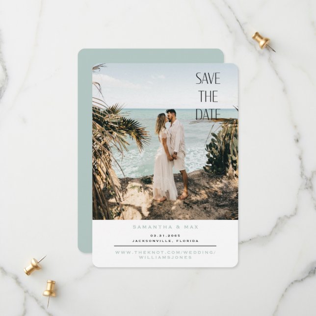 Simple Couple Photo Seafoam Rounded Save the Date (Front/Back In Situ)