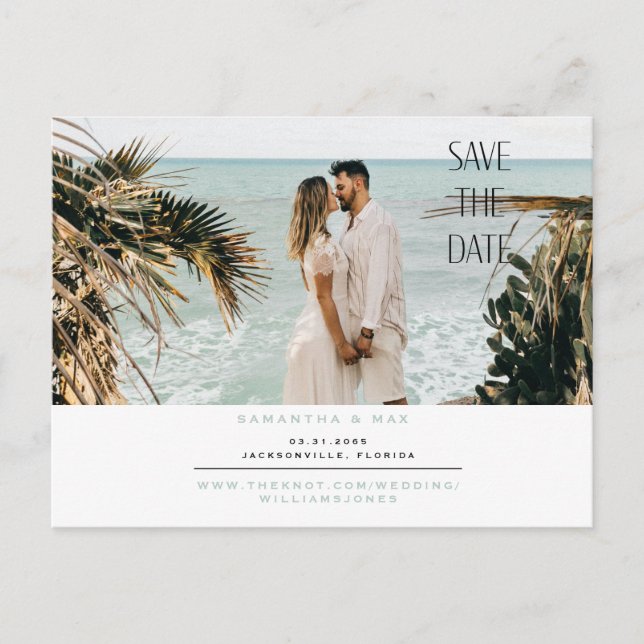 Simple Couple Photo Seafoam Save the Date Invitation Postcard (Front)