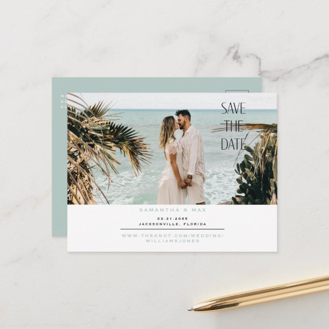 Simple Couple Photo Seafoam Save the Date Postcard (Front/Back In Situ)